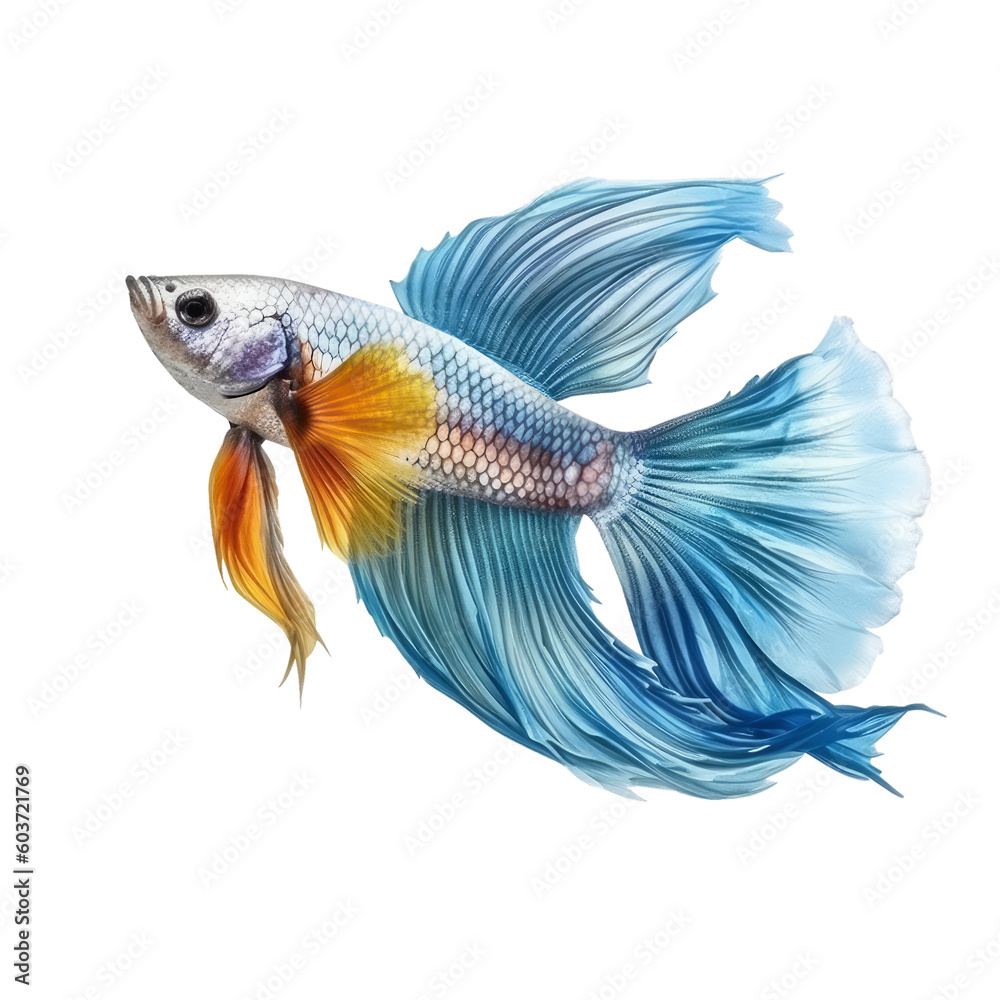 yellow blue betta fish isolated on transparent background cutout , generative ai