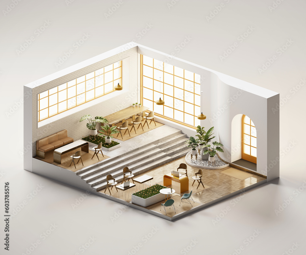 Isometric view meeting room workspace open inside interior architecture, 3d rendering digital art.