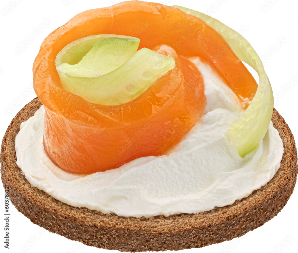 Wholegrain rye bread slice with smoked salmon, cucumber slices and cream cheese isolated on white ba