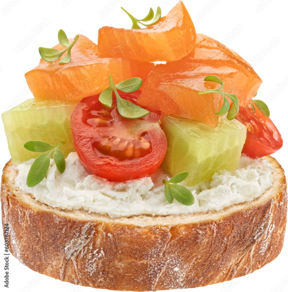 Open sandwich with smoked salmon, tomato and cucumber slices isolated on white background