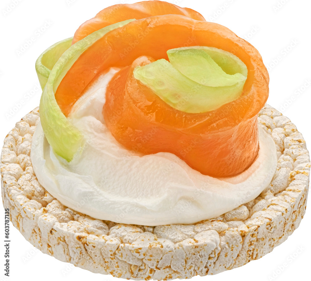 Puffed rice cake with smoked salmon and cucumber slices isolated