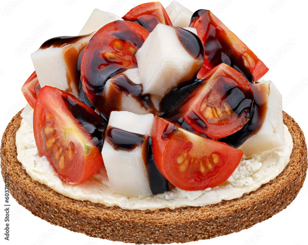 Cheese and tomato sandwich with balsamic sauce isolated on white background, rye bread toast with vi