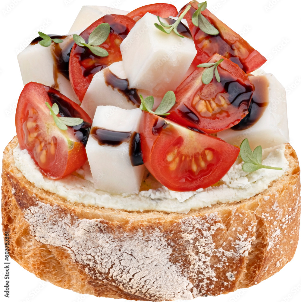 Baguette slice with cream cheese and tomato with balsamic sauce isolated on white background, bread 