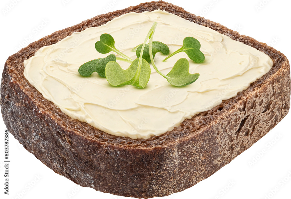 Slice of rustic rye bread with smeared butter isolated on white background with clipping path