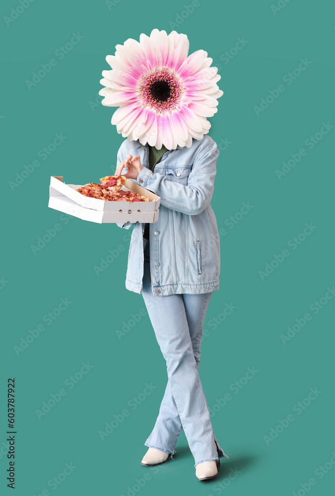 Woman with gerbera flower instead of her head and tasty pizza on color background