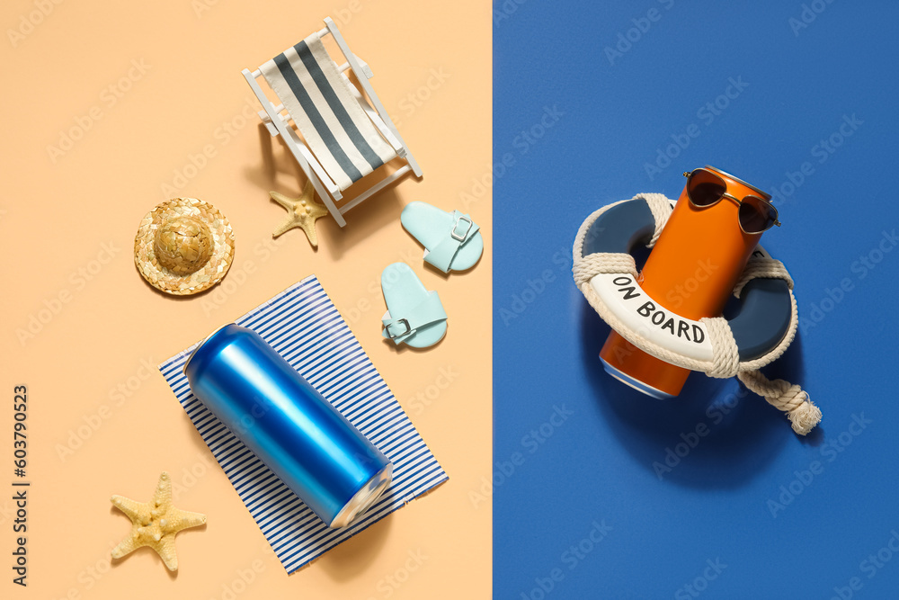 Cans of soda with beach decor on color background