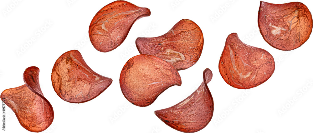 Meat chips isolated on white background with clipping path, dried ham slices