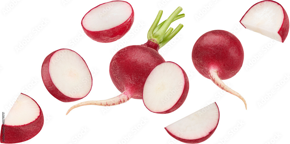 Falling radish isolated on white background