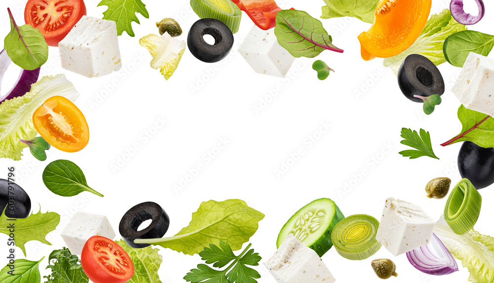 Falling greek salad ingredients isolated