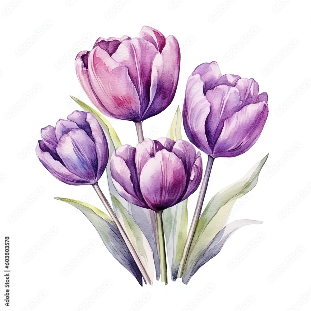 Violet watercolor tulips. Illustration AI Generative