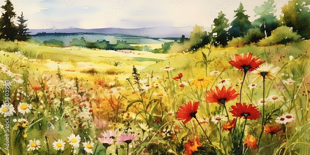 Summer meadow watercolor background. Illustration AI Generative.