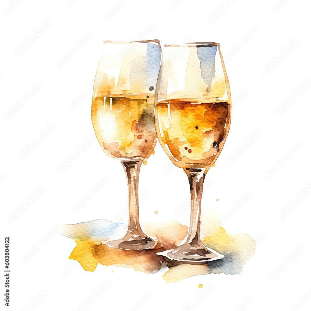 Champagne glasses watercolor. Illustration AI Generative.