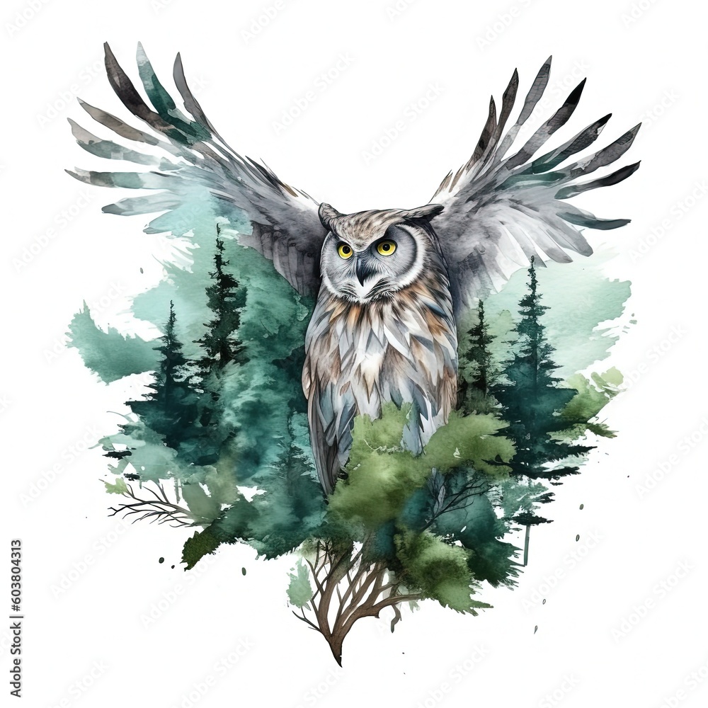 Green watercolor owl. Illustration AI Generative.