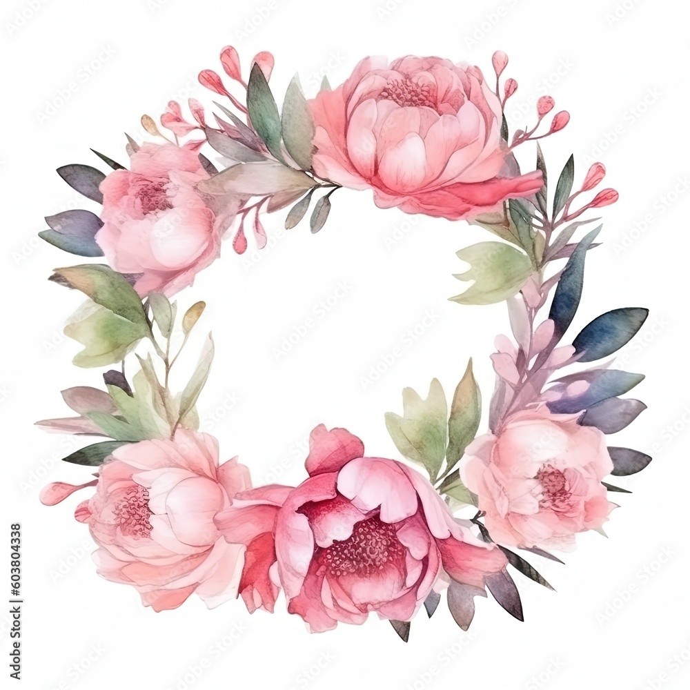 Watercolor floral wreath. Illustration AI Generative