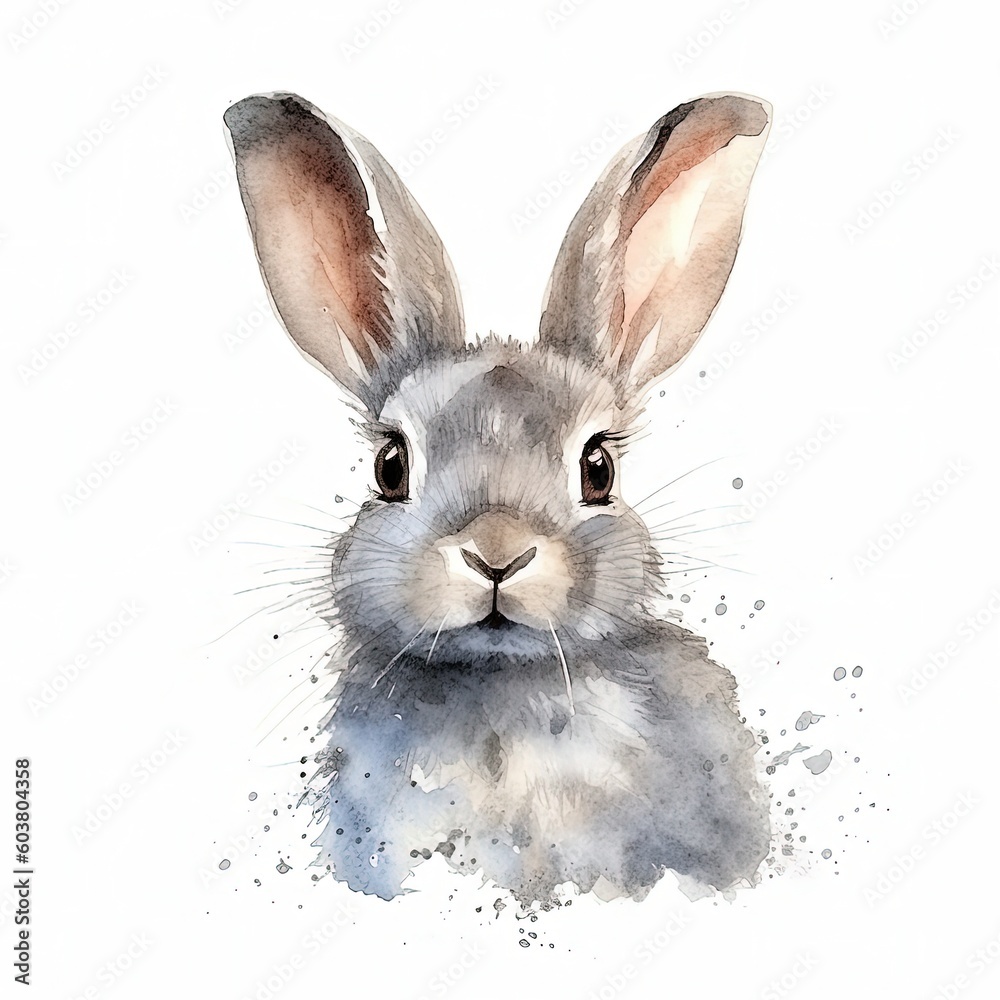 Cute watercolor gray bunny. Illustration AI Generative.