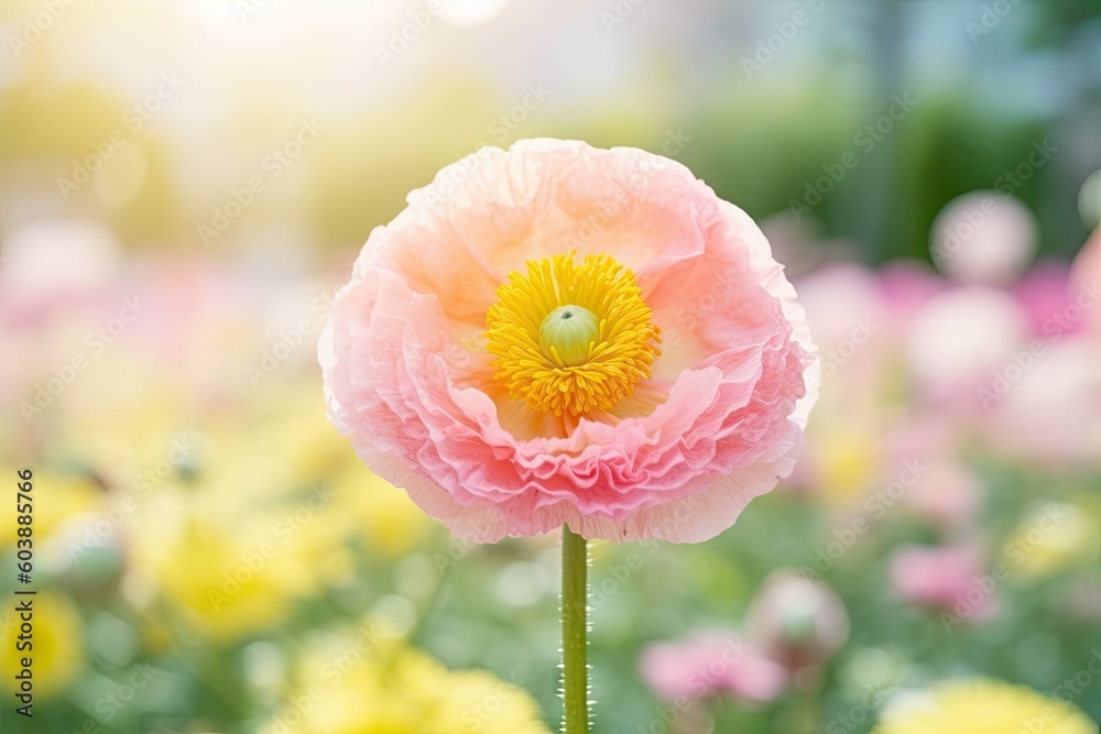 pink flower with a yellow center surrounded by yellow and pink flowers in a field Generative AI