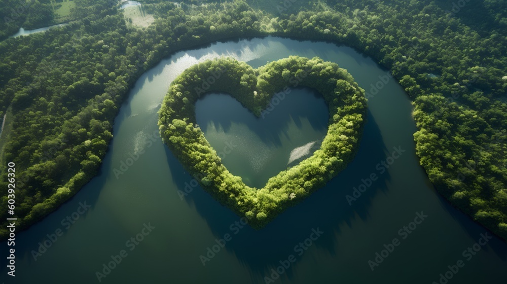 Heart shaped lake nestled in the midst of an untouched forest. The unity of love and nature, evoking