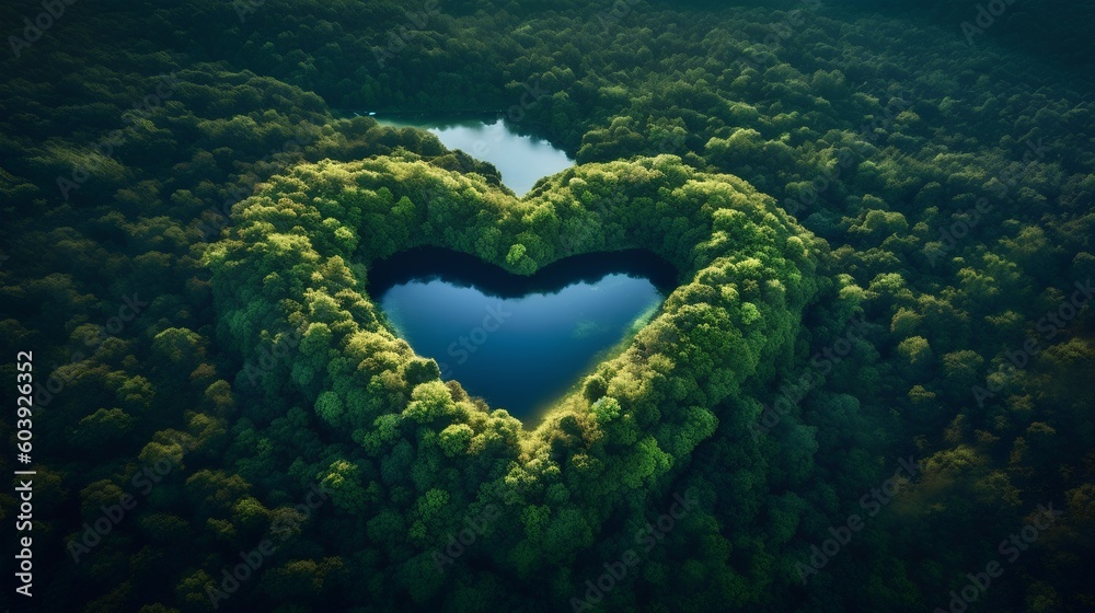 Heart shaped lake nestled in the midst of an untouched forest. The unity of love and nature, evoking