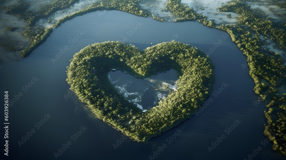 Heart shaped lake nestled in the midst of an untouched forest. The unity of love and nature, evoking