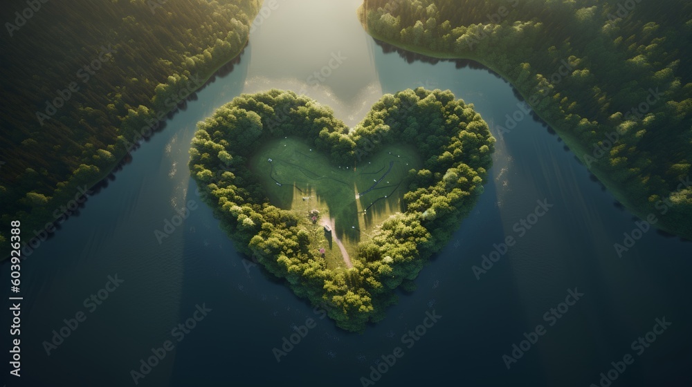 Heart shaped lake nestled in the midst of an untouched forest. The unity of love and nature, evoking