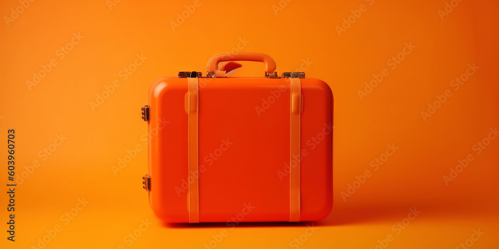 Orange travel suitcase, on orange background. Trip concept. Generative AI