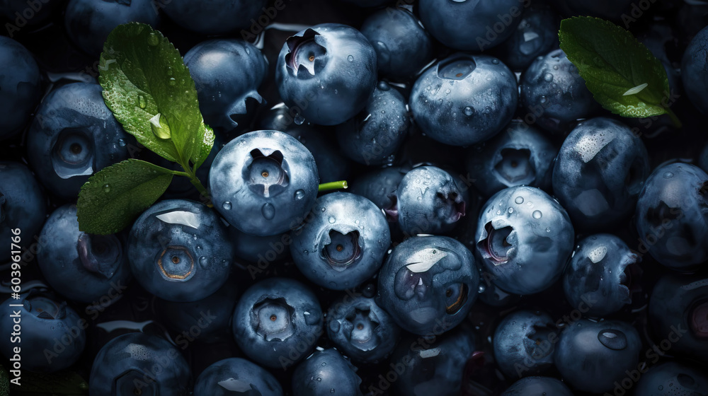 Fresh ripe blueberries with water drops background. Berries backdrop. Generative AI