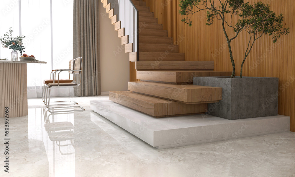 Luxury white marble floor, modern L shape wood cantilever stair staircase, tempered glass panel balu