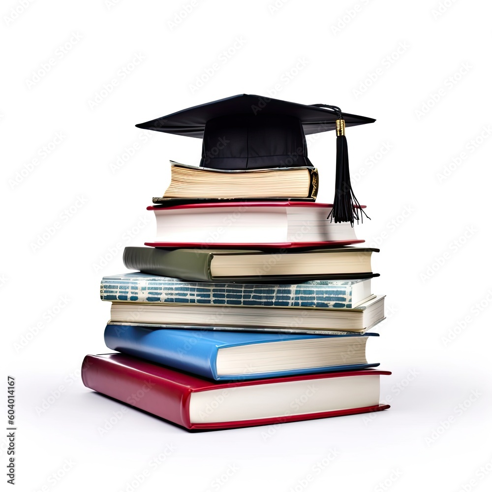 Grad hat with books, College or university, Achievement in education,AI generated.