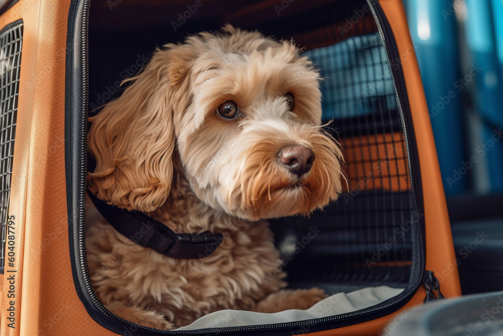 Dog sits in a pet carrier. Moving with animals. Carrying for animals