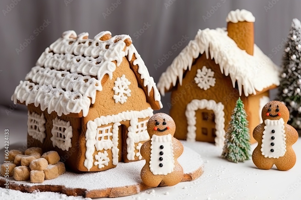 winter wonderland scene with gingerbread houses covered in snow Generative AI