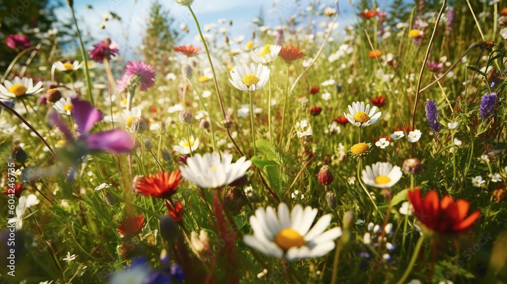 wild flowers on a flower meadow in spring. Generative AI