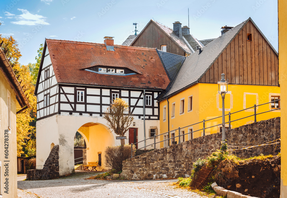 The old town of Altenberg. View of the old street near Lauenstein Castle