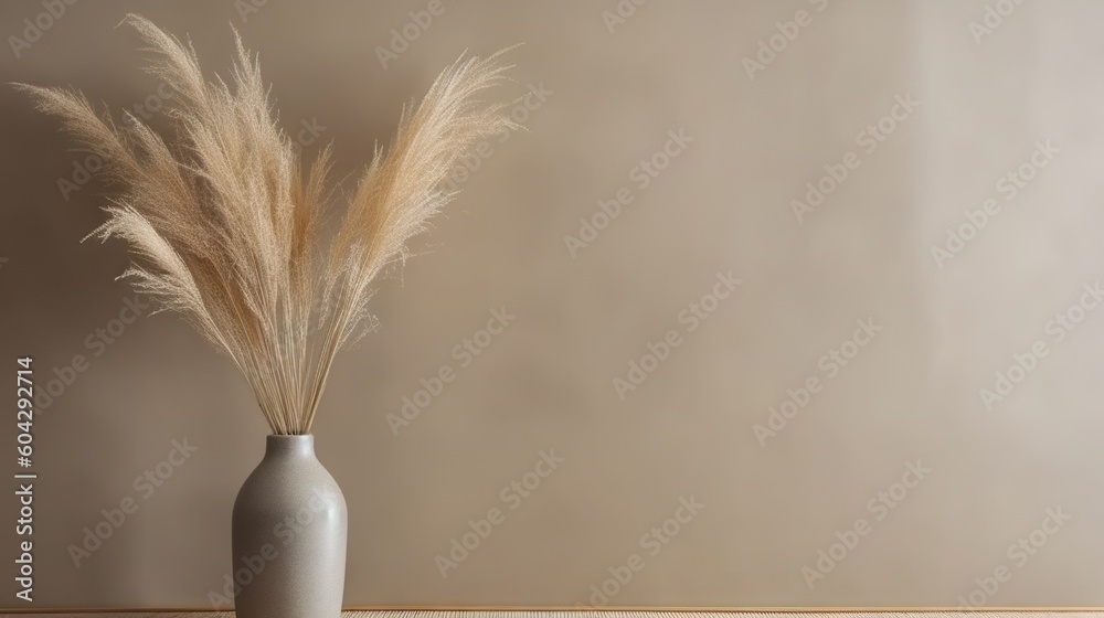 Vase with decorative dry plant branch against beige wall background. Minimalist interior mockup. Gen