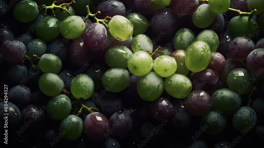 Fresh ripe grapes with water drops background. Berries backdrop. Generative AI