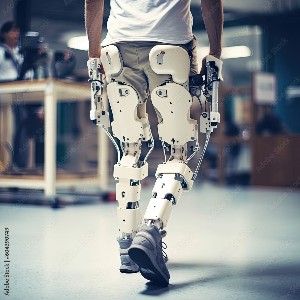 Man getting physical therapy on a robot machine to recover movement on her legs at the hospital,AI g