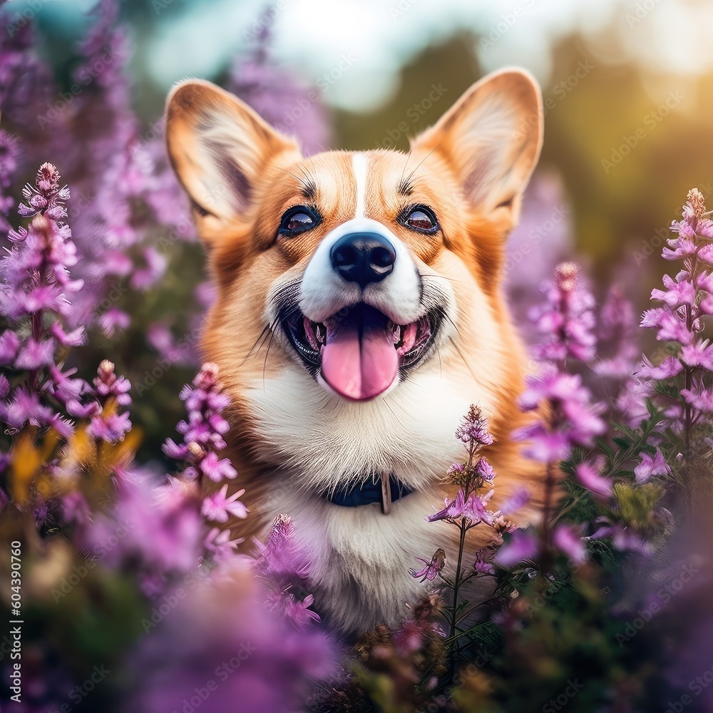 Little dog looks cute among the flowers,AI generated.