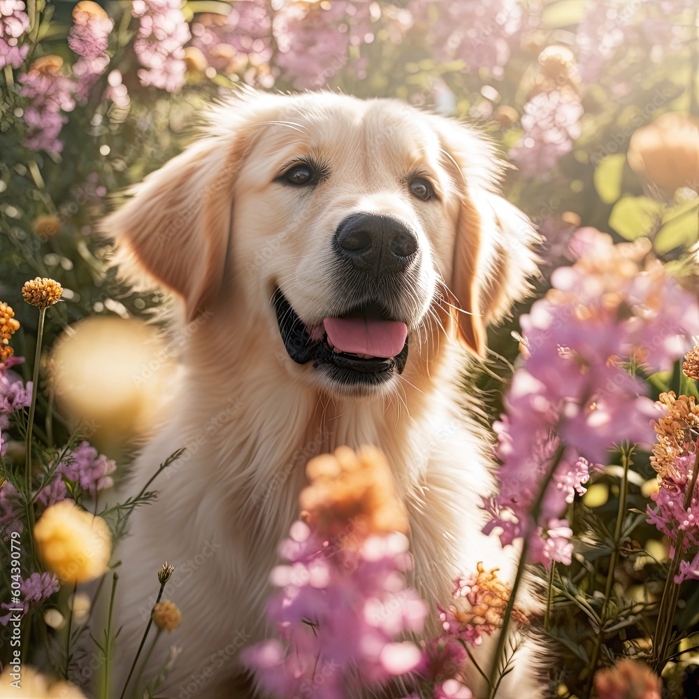 Dog standing among among the flowers in spring,AI generated.