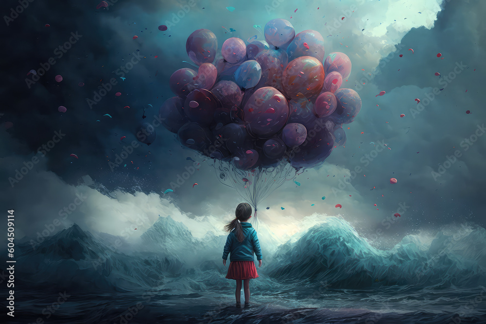 digital illustration painting of a girl looking balloons standing in front of fantasy storm, sea. (a