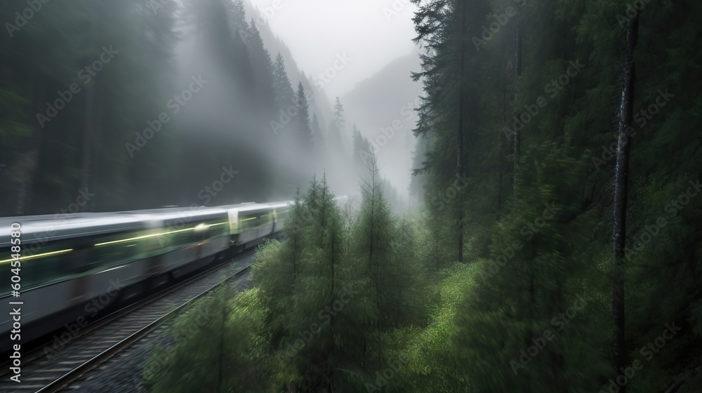 Speed passenger train moving in the mist mountains covered with forest. Generative AI