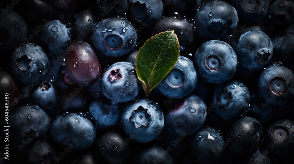 Fresh ripe blueberries with water drops background. Berries backdrop. Generative AI