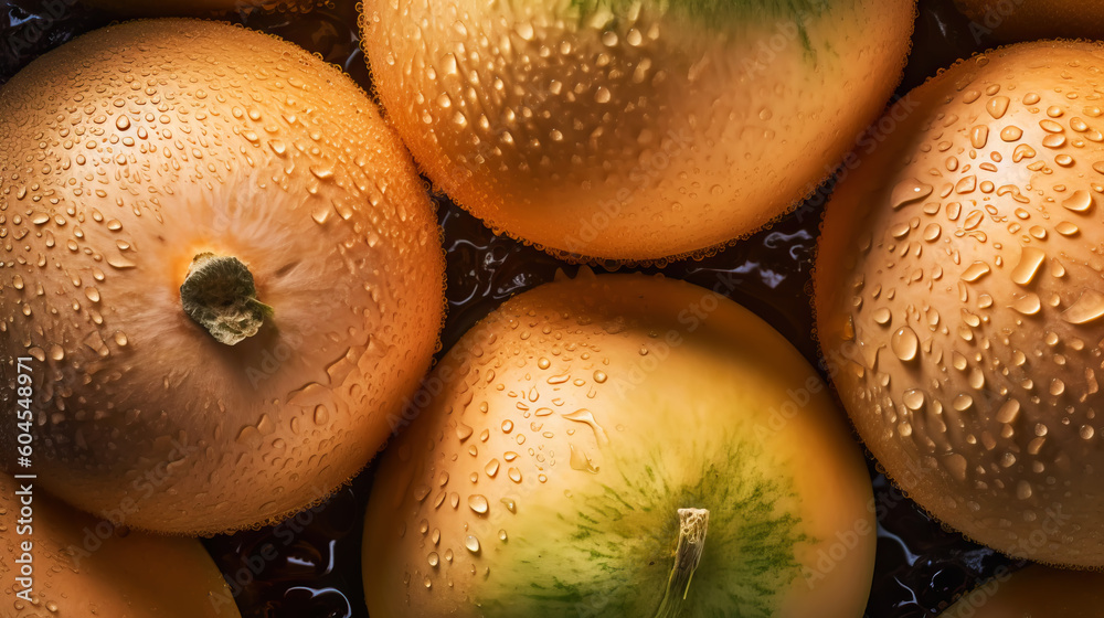 Fresh ripe cantaloupes with water drops background. Fruits backdrop. Generative AI