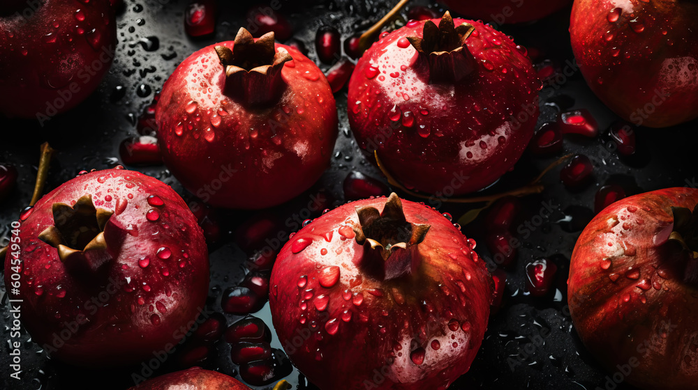 Fresh ripe pomegranades with water drops background. Fruits backdrop. Generative AI