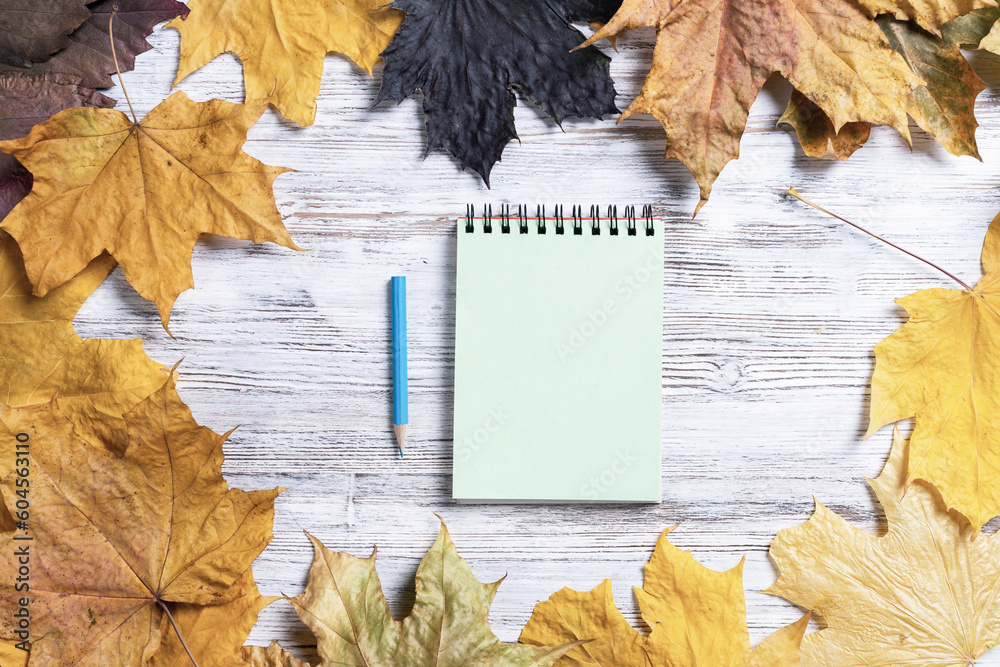 Spiral notepad and pen lies on vintage wooden desk