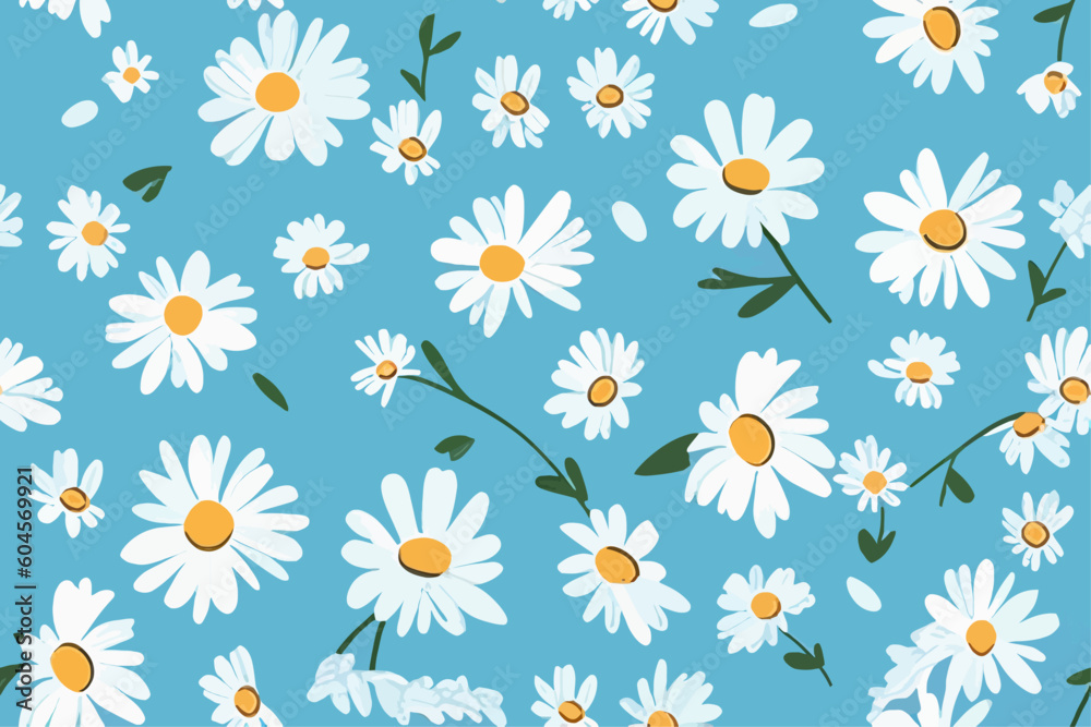 White daisies on a blue background in watercolor style, seamless background