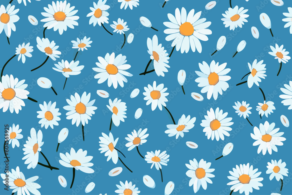 White daisies on a blue background in soft watercolor style, seamless wallpaper