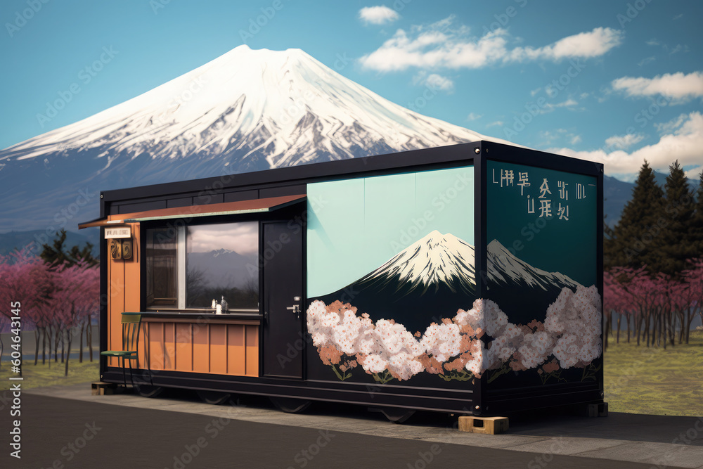 container box house in fuji san with japan theme background