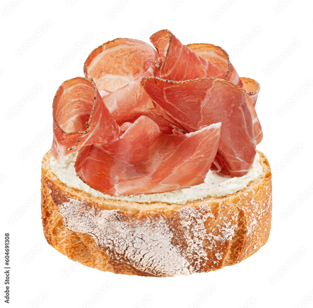 Italian prosciutto crudo bruschetta isolated on white background