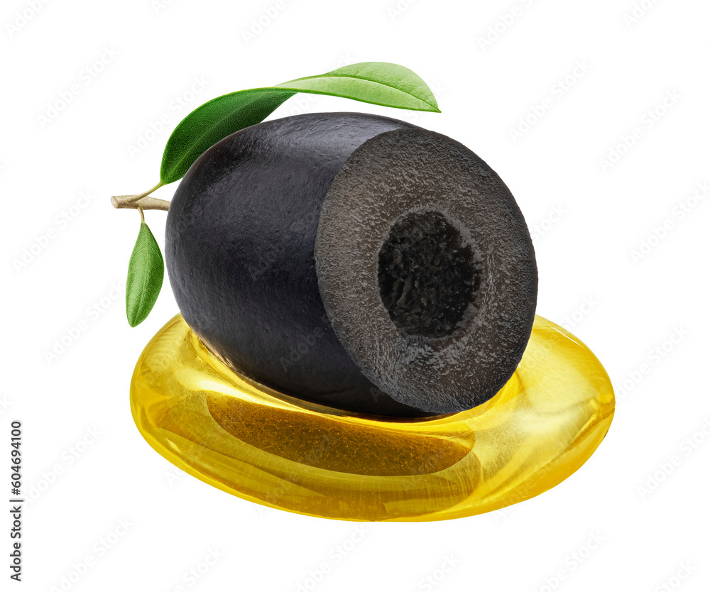 One black sliced olive with virgin oil isolated on white background