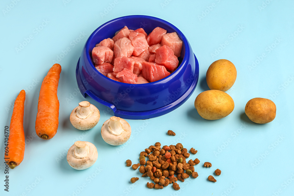 Bowl with raw meat, dry pet food and natural products on blue background