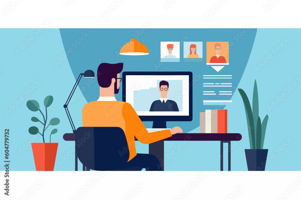 Man doing video conferencing on a computer working from home, clipart vector